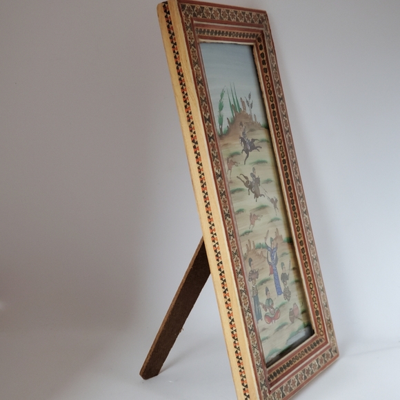 Vintage Iranian Persian Painting Hunting Scene Musicians Khatam Marquetry Frame - Picture 11 of 13